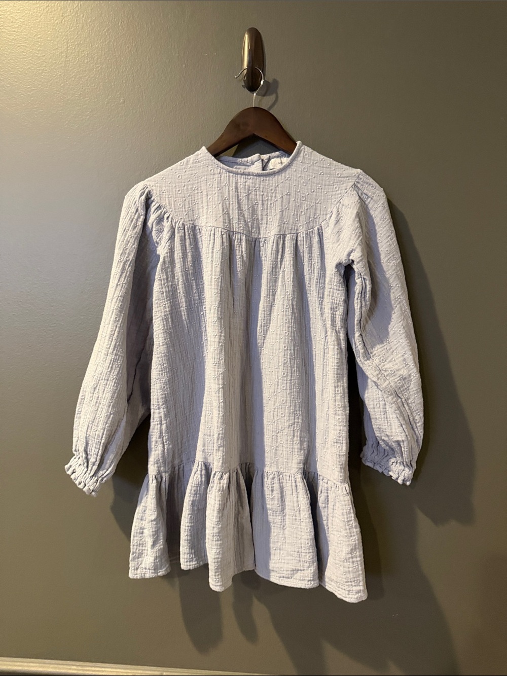 Mango Girls Embroidered Detail Dress Light Blue Long Sleeve Ruffle Hem Dress